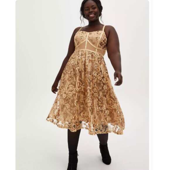Torrid Gold Mesh Embroidery & Sequin Midi Dress Size 20 - Picture 2 of 4